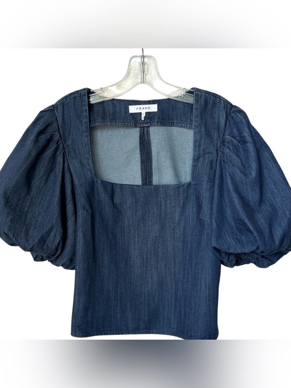 Frame Nina Denim Cropped Blouse Puff Sleeve Square Neck Blue Size L